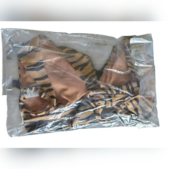 Aerie Pique Animal Print Tie Longline Triangle Bikini Top Sienna Black Sz Small - Picture 4 of 7